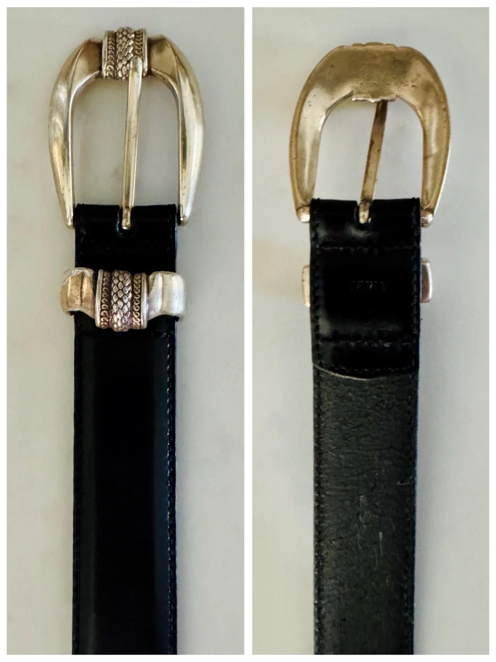 Vintage FOSSIL Black Leather Belt, Silver Western Buckle & Belt Tip sz. M